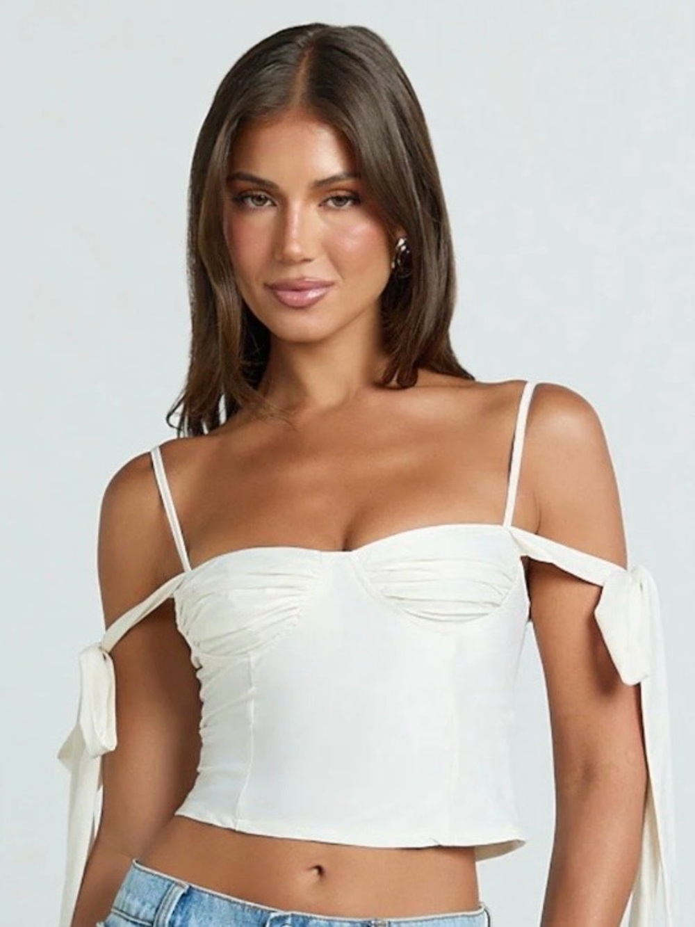 Showpo Elsa Top - Tie Shoulder Ruched Bust Bias Cut Top Ivory